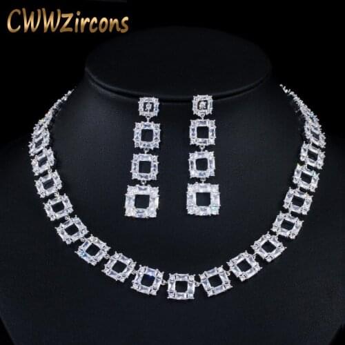 CWWZircons Gorgeous Long Square Drop Party Costume Earrings and Necklace Cubic Zircon Wedding Bride Jewelry Sets for Women T355