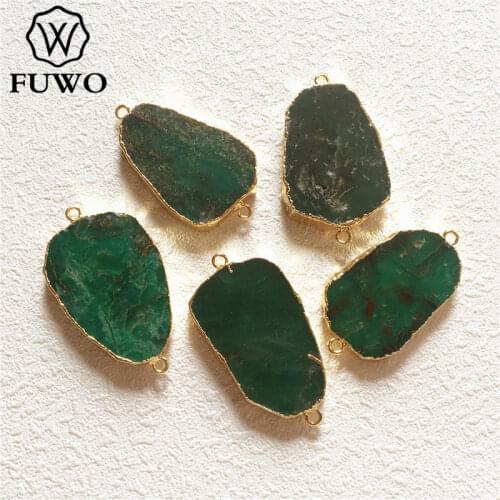 FUWO Natural Chrysoprase Slice Connecter Pendant 24K Gold Electroplate Double Bail Semi-precious Stone Jewelry Wholesale PD048