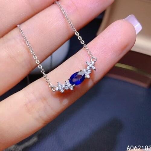 KJJEAXCMY fine jewelry 925 Sterling Silver inlaid natural sapphire Womens fresh ol Style Oval GEM PENDANT NECKLACE support dete