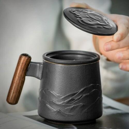 Ceramic Mug Strainer Tea Cup Office Tea Water Teaware Luxury Balck Mugs Coffee Cups with Lid Tea Services Wood Handle Gift Box