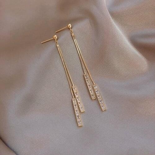 2020 Korea hot Fashion Jewelry Copper Inlaid Zircon Pendant Earrings Geometric Fringe Long Section Thin Female Elegant Earrings