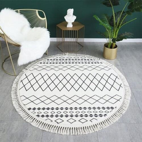 Nordic Round Carpet For Living Room Morocco Black White Geometric Pattern Rug Kids Bedroom Bedside Rug Computer Chair Mat Tassel
