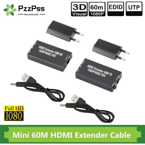 PzzPss Mini 60M HDMI Extender Cable (Transmitter & Receiver) Over signle RJ45 Cat5e Cat6 Ethernet HDMI Sender & Receiver for PC