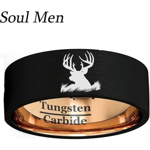 8mm Black and Rose Gold Color Matte Flat Men Cool Ring Comfort Fit with Xmas Deer Head Engraved Available Size 7 to 13