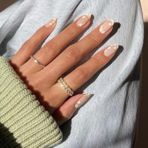 24pcs Small Floral Printed Nails Patch Glue Type Long Paragraph Fashion Manicure Patch False Nails Patch Nail Sticker