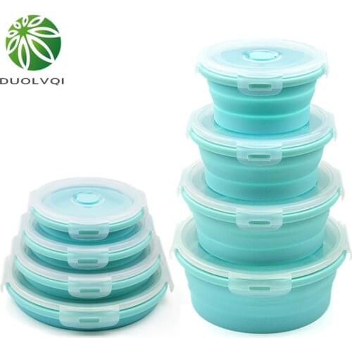 Duolvqi 3/4PCS Set Collapsible Fruit Salad Lunch Box Silicone Food Container Box Round Tableware BPA Free Kitchen Dinnerware