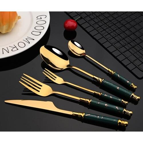 20Pcs Stainless Steel Green Gold Cutlery Tableware Set Ceramic Handle Dinnerware Tea Fork Spoon Knife Set Flatware Dinner Set