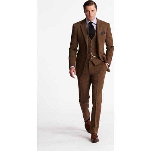 Latest Coat Pant Designs Brown Tweed Men Suit Slim Fit mens suits Tuxedo Custom Groom Blazer Prom Suits Terno Masculino