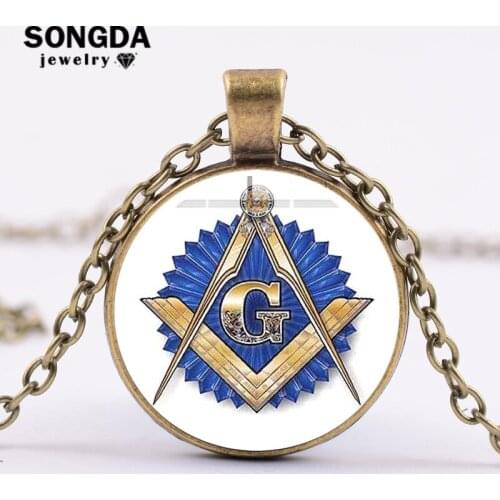 SONGDA Masonic Freemason Necklace Ancient Bronze Plated Compass and Square G Blue Symbol Glass Dome Badge Chain Choker Necklace