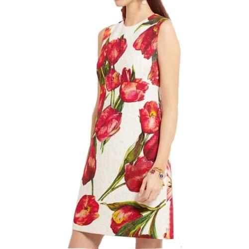 New Arrival Red Tulip Print Sleeveless Dress 2017 New Spring Summer Fashion Womens Elegant Slim Mini Dresses