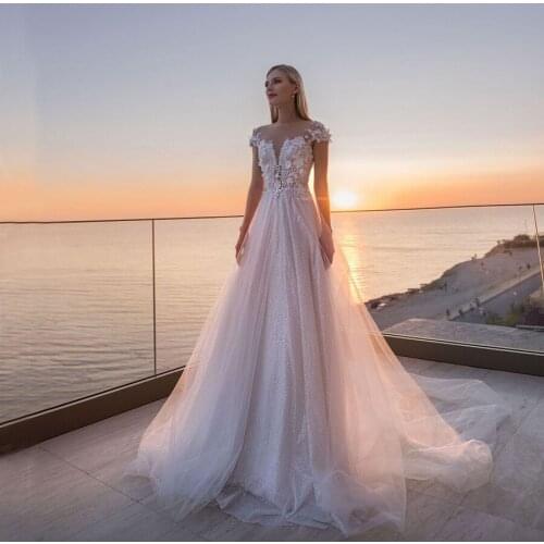 2020 Charming Design O-neck Sequined Lace Pearls A-line Wedding Dresses Cap Sleeves Tulle Court Train Women Bride Dress