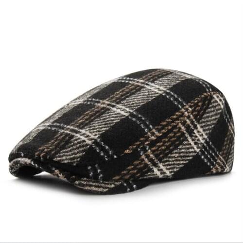Autumn and winter woolen cap mens forward caps British retro beret female literary youth plaid hat
