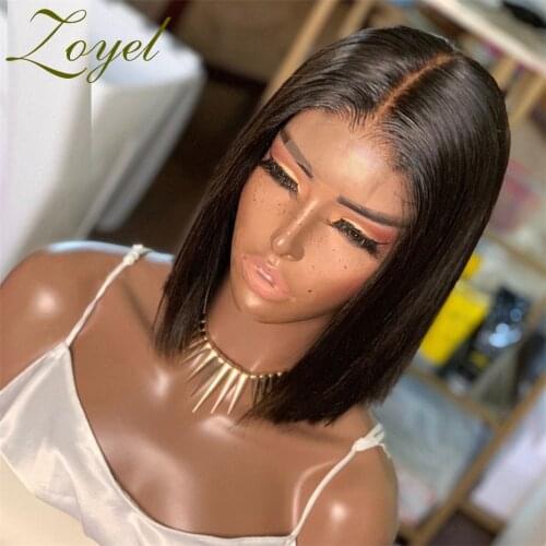 Middle Part 12Inch Black Short Soft Straight Transparent Lace Front Wig For Women With Babyhair 180%Density Adjustable Strap
