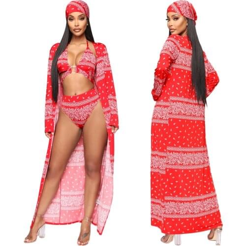 Sexy European And American Print Swimsuit, Womens Headscarf Chest Shorts Coat 4 Pieces Set 2021 Fashion New Summer Beach Suit