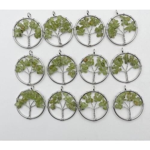 Fashion 30MM green Tree of Life 12pc Wisdom Chakra Reiki Healing Natural Stone Pendant for Jewelry making Necklace accessorie