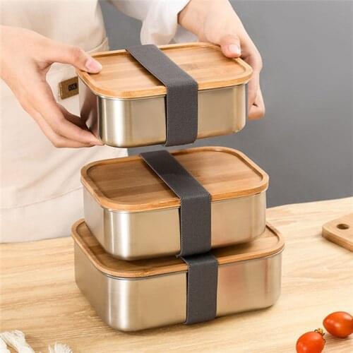 Portable Stainless Steel Lunch Bento Box with Sealed Wooden Lid Leak-Proof Food Salad Snack Containers for Picnic School Work