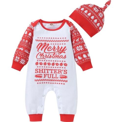 2021 Infant Baby Boy Girl Christmas Two-piece Clothes Set Red Round Collar Long Sleeve Jumpsuit and Cap 0-24M