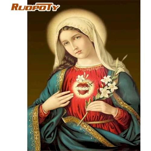 RUOPOTY Framed Oil Painting By Numbers The Virgin Mary Figure Picture By Number Kits Hand Painted Acrylic Paint Draw Canvas Phot