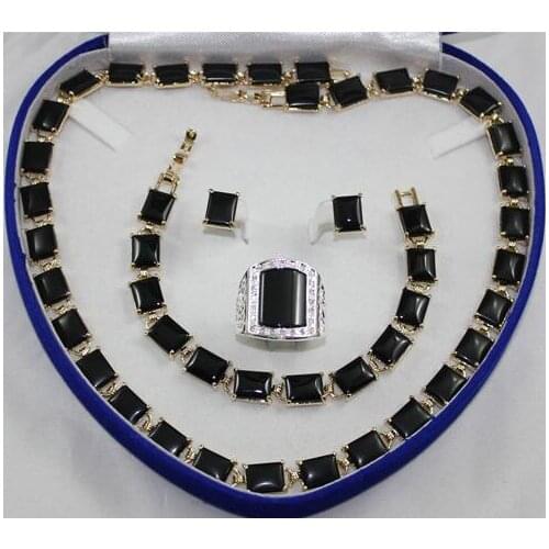 Silver black Green Necklace/ Bracelet/ Earrings /Ring Set Handcrafted Jewelry AAA