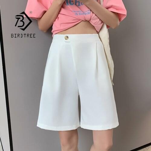 Summer Women Korean Plus Size Vintage Knee Length Shorts Solid All Match High Waist Loose Casual Straight Shorts Lady B18430X