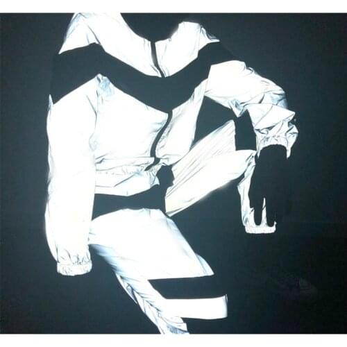 Reflective Women Tracksuits Two Piece Set Zipper Crop Top+Pants Windbreaker Fashion Female Loose Jacket Coat Trousers Plus Size