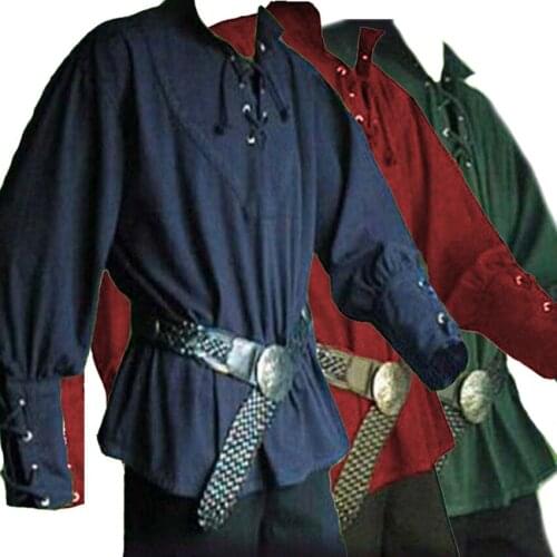 Medieval Men Renaissance Pirate Newlyweds Reenactment Larp Costume Lacing Up Shirt Bandage Top Middle Aged Adult Clothing 3XL