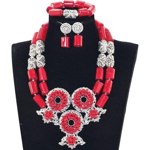 Amazing Wine Red African Coral Beads Jewelry Set Original Red Coral Bridal Statement Necklace Set Women Party Gift Silver CNR720