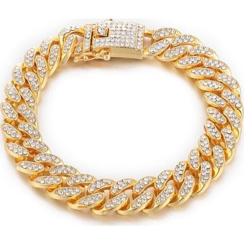 Hip Hop Bling Iced Out Rapper Bracelet Full Rhinestone Pave With Miami Cuban Link Chain Bracelet For Men Jewelry 12mm,8 Inch