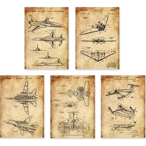 5 in 1 vintage airplane patent after WWII HD printing sea house wall decor unframed