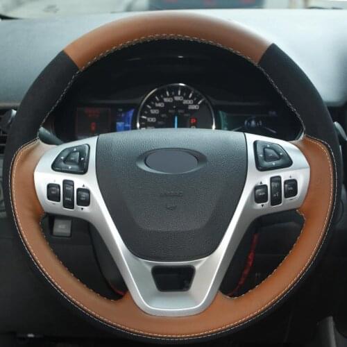 Diy suede steering wheel cover for ford explorer 2010-2016 taurus 2012-2015 edge 2011-2014 orange black genuine leather