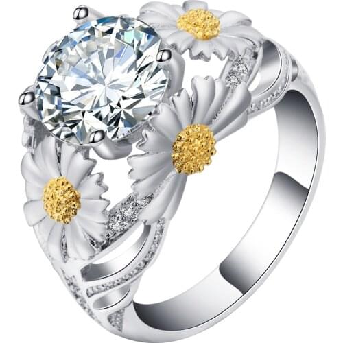 White Daisy Flower Ring Female Bijoux Zircon Wedding Bands Ring Pave Crystal Engagement Ring For Women Luxury jewelry Drop Ship