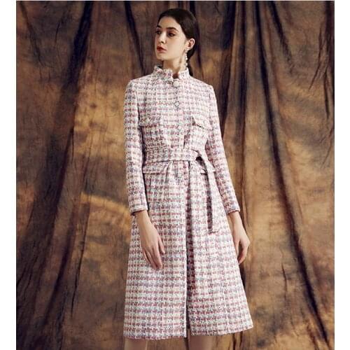 Hot Fashion womens high quality stand collar woollen Autumn winter belt plaid tweed coat for Lady B498