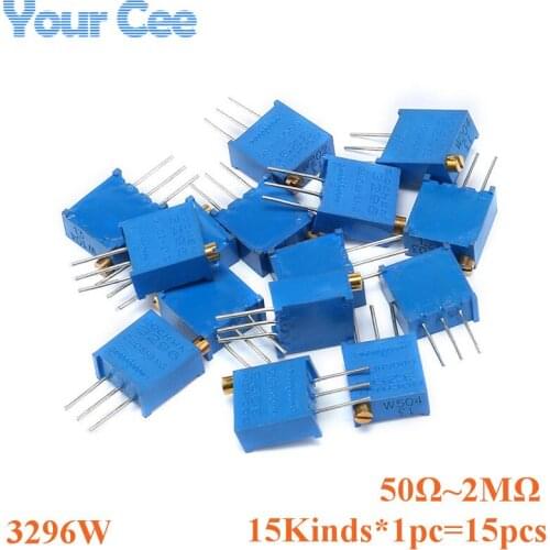 15pcs=15kinds*1pc 3296W 3296 50 100 200 500 1K 2K 5K 10K 20K 50K 100K 200K 500K 1M 2M ohm 101 Trimpot Trimmer Potentiometer Kit