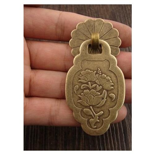 Antique Chinese furniture carved lotus cabinet drawer Tag Pendant plum small handle copper gasket 5.5cm*3.5cm