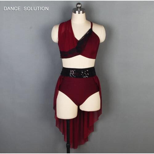 Two Piece Burgundy Spandex Top with Mesh Skirt Lyrical & Contemporary Dance Dress for Adult & Kid Practice Standard Wear 19606