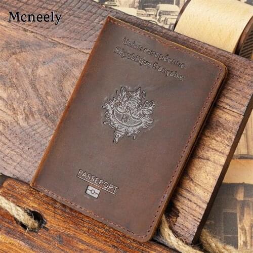 French Genuine Leather Passport Cover Crazy Horse Solid Passport Holder Business Unisex Durable Travel Wallet Case for France