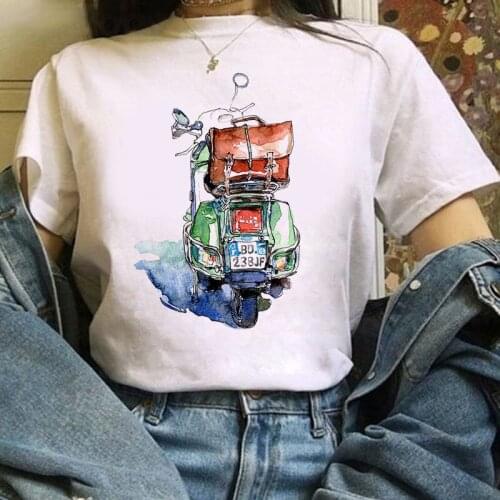 Aesthetic Tshirts Short Sleeve Casual White Top Tee Female Harajuku T-Shirts Woman Clothes Bicycle Printed Women T Shirt