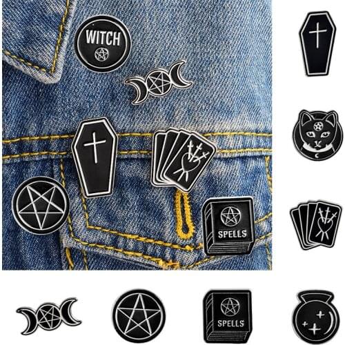 Halloween Cat Jewelry Enamel Pins Black Punk Brooches Gifts Coffin Gothic Witch Lapel Unisex Spells Collar Badges Moon Free Ship
