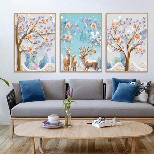 Nordic Simple Triple Canvas Painting Elk Fortune Tree Wall Pictures Living Room Bedroom Decor Posters Cuadros Decoracion Salon