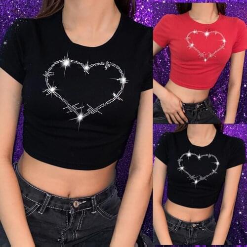Summer Slim Render Short Top Sexy Lady T-shirt Wear-resistant Stretchy Heart Rhinestone Summer Slim Sweet Short Crop Top for Wor