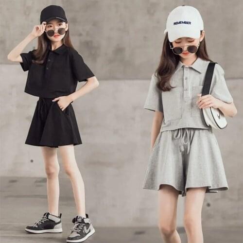 Summer Teenager Girl Clothing Short Sleeve T Shirts + Sport Shorts 4-16 Years Kids Casual Clothes Girls Sets Black Gray Suit 12