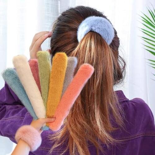 Women Girls Cute Colorful Strip Rolled Up Soft Plush Hair Hold Headband Sweet Hair Decorate Scrunchie Fashion Hair Accessories