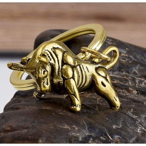 1PC Bull Ornament Sculpture Copper Miniatures Figurines Desk Decoration Pure Copper Handmade Lines Key Pendant Key Chain Accesso