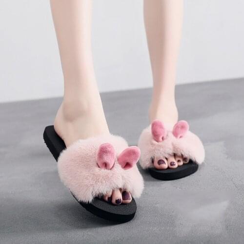 Fashion Indoor Rabbit Ear Home Slipper Women Shoes Slip-on Open Toe Flat Warm Winter Slipper Shoes For Woman Femme MTX74