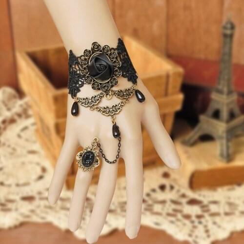 Fashion Victorian Dress Costume Gothic Black Rose Lace Lolita Women Bracelet AUG889