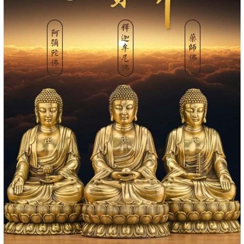A Set 3P Asia HOME Temple Shrine GOOD LUCK Safe Protection Buddhism Amitabha Sakyamuni Medicine Buddha SAN BAO FO Bronze statue