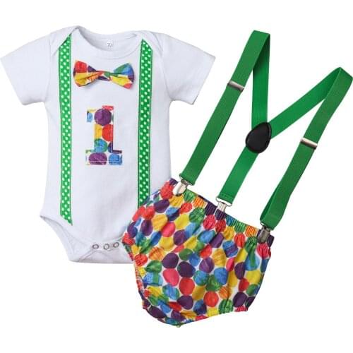 Baby Boy Clothing One Year Infant Baby Boy Bow Tie Romper Bodysuit Funny First Birthday Clothes Outfits Set Baby Kleding Jongen
