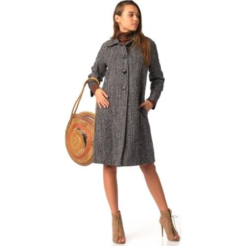 Women Long Coat 61096 Black/Ecru