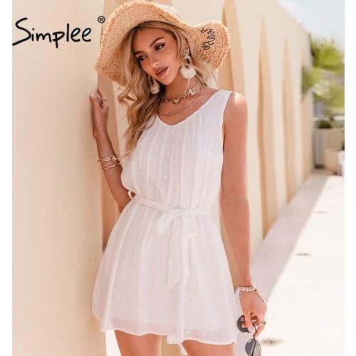 Simplee Holiday sleeveless white dress women Casual solid sundress mini dress ladies 2021 Fashion sash folds beach dresses