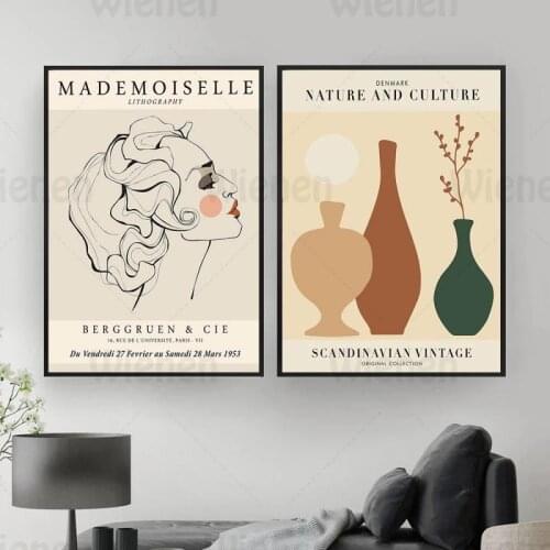 Scandinavian Vintage Poster Fashion Mademoiselle Girl Canvas Print Painting Vase Art Wall Pictures for Living Room Bedroom Decor